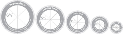 The Creative Grids Quilt Ruler Circles Set of 5 by Checker Distributor includes five graduated circular templates, each marked with the Creative Grids logo—ideal for Japanese Folded Patchwork or precise quilting projects.