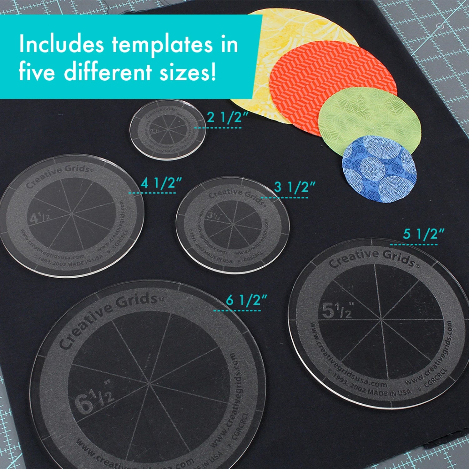 The Creative Grids Quilt Ruler Circles Set of 5 by Checker Distributor features five clear, circular quilting templates in various sizes, displayed on a black surface with colorful fabric circles and a text box: Includes five different sizes!.