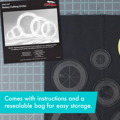 The Creative Grids Quilt Ruler Circles Set of 5 by Checker Distributor—transparent templates ideal for Japanese Folded Patchwork—are shown on a black surface, with instructions and a resealable storage bag included.