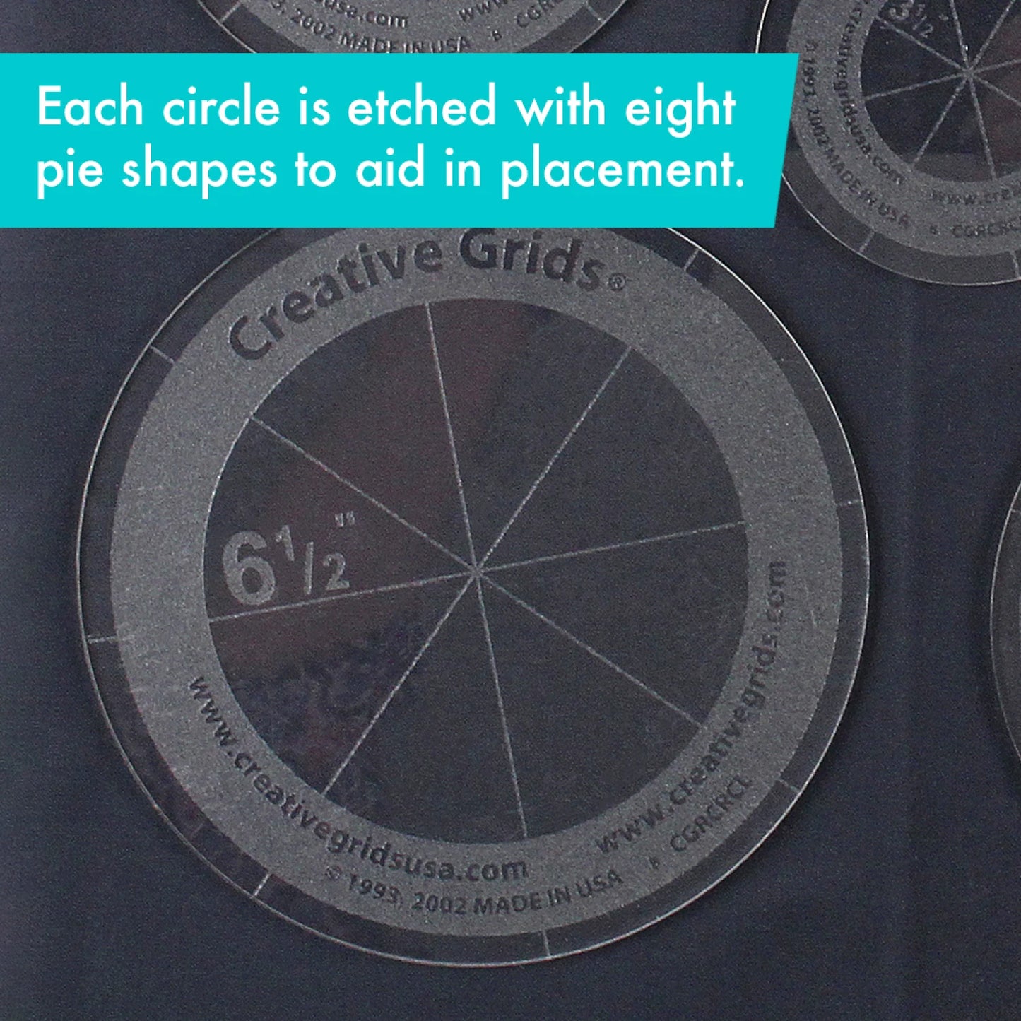 Five transparent Creative Grids Quilt Ruler Circles by Checker Distributor are on a dark surface. Each ruler is etched with eight pie shapes, perfect for Japanese Folded Patchwork. A teal banner notes the helpful etched guides.