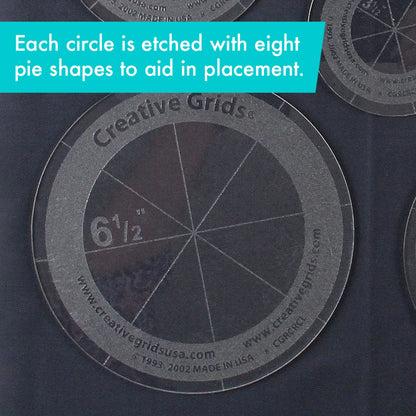 Five transparent Creative Grids Quilt Ruler Circles by Checker Distributor are on a dark surface. Each ruler is etched with eight pie shapes, perfect for Japanese Folded Patchwork. A teal banner notes the helpful etched guides.