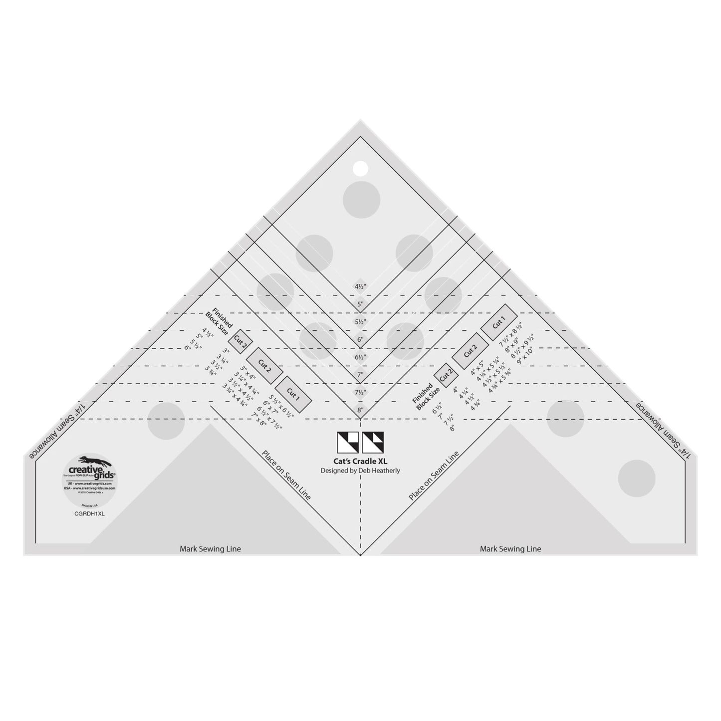 The Creative Grids Quilt Ruler Cat's Cradle Ruler XL Tool by Checker Distributor is a transparent triangle ruler with black measurement lines, dotted cut lines, labeled sections, logos, and guides for accurate fabric cutting and piecing.