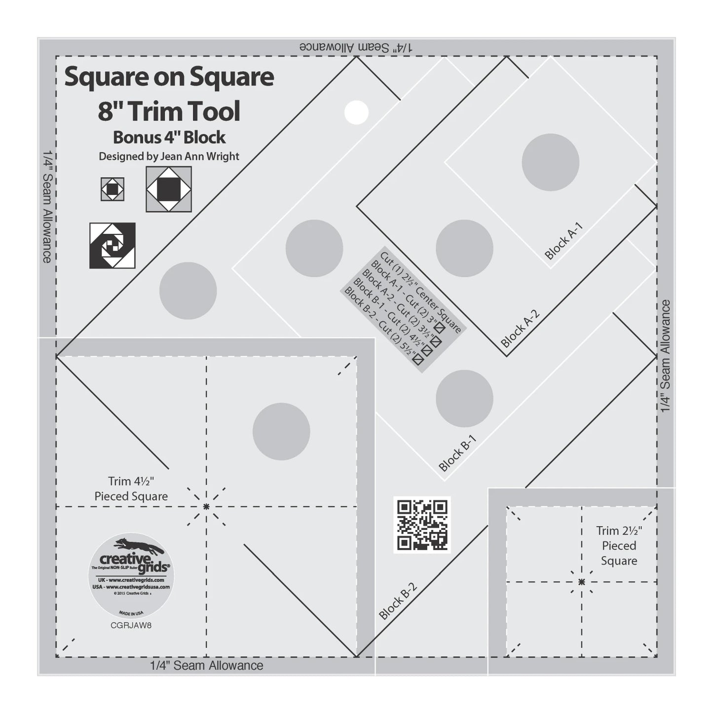The Creative Grids Square on Square Trim Tool 4in or 8in by Checker Distributor is a quilt ruler with diagonal lines, trim guides, measurement grids, a QR code, and logo—designed by Jean Ann Wright for accurate quilting.