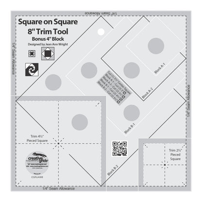 The Creative Grids Square on Square Trim Tool 4in or 8in by Checker Distributor is a quilt ruler with diagonal lines, trim guides, measurement grids, a QR code, and logo—designed by Jean Ann Wright for accurate quilting.