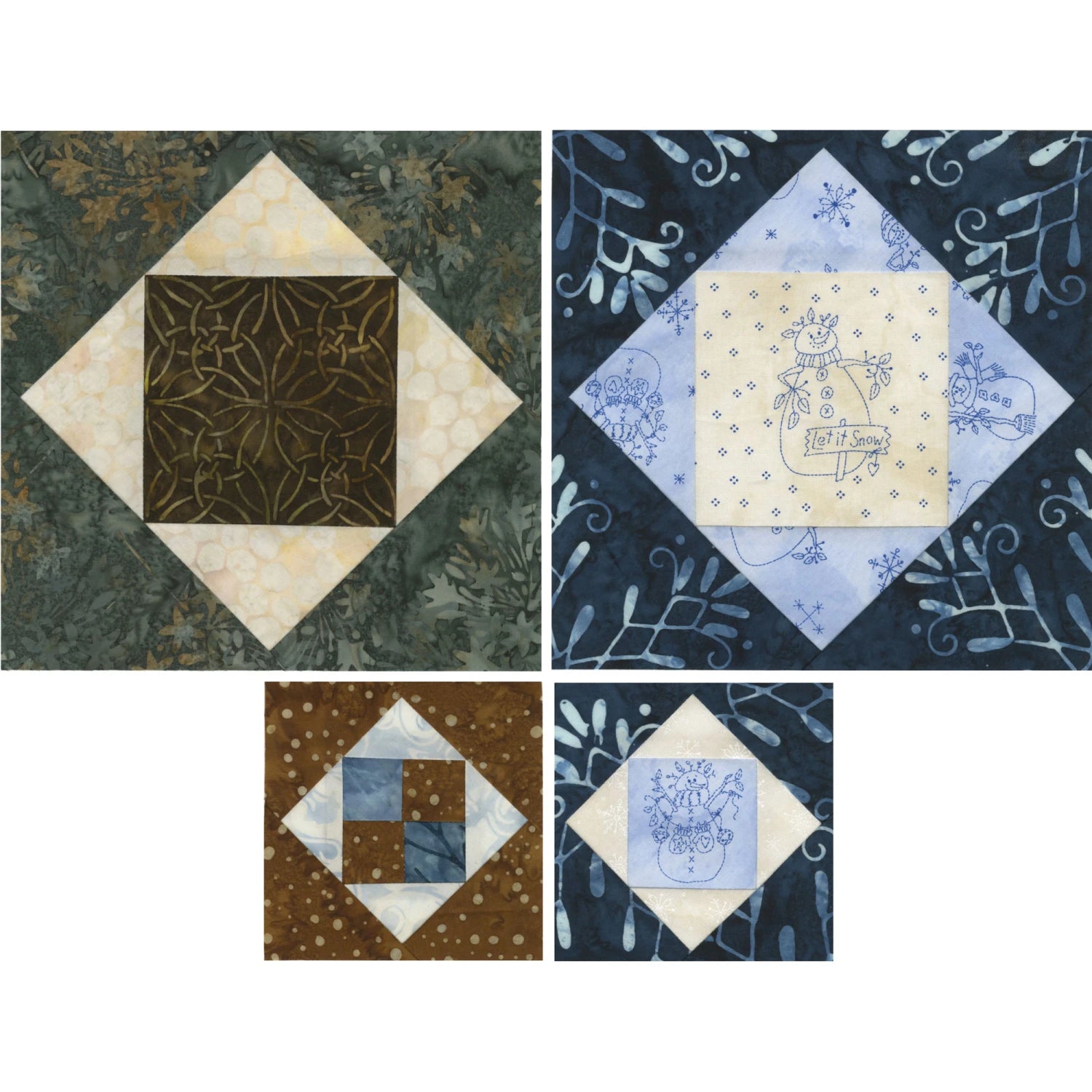 Four quilt blocks in blue, brown, cream, and green fabrics. Two show embroidery; the others feature square and diamond patterns made with the Checker Distributor Creative Grids Square on Square Trim Tool. Subtle prints accent the backgrounds.