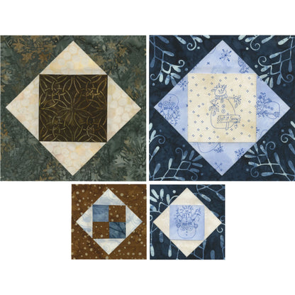 Four quilt blocks in blue, brown, cream, and green fabrics. Two show embroidery; the others feature square and diamond patterns made with the Checker Distributor Creative Grids Square on Square Trim Tool. Subtle prints accent the backgrounds.