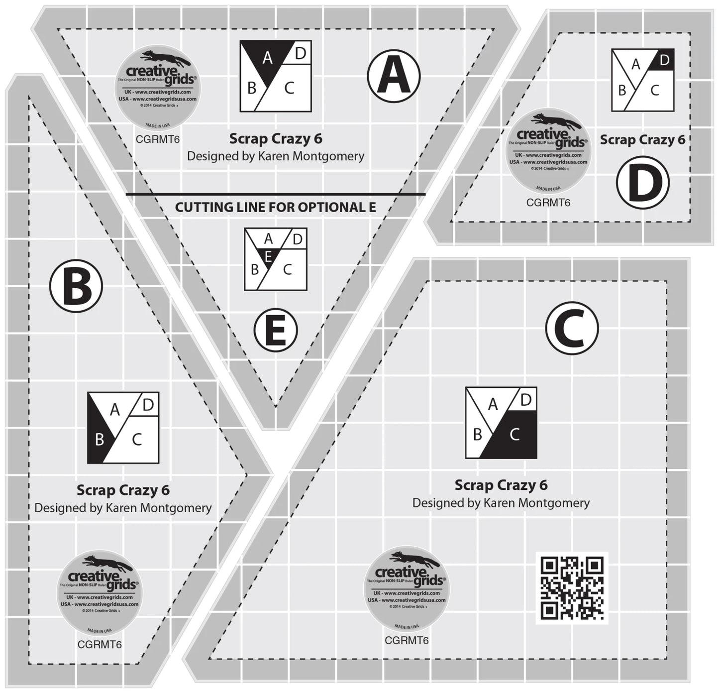 Creative Grids Scrap Crazy 6 acrylic quilting template set five pieces by Karen Montgomery