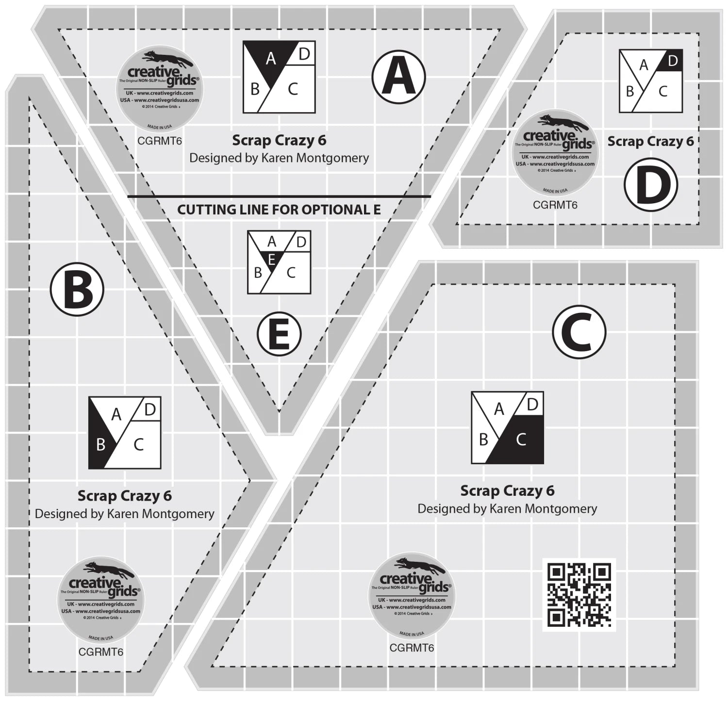 Creative Grids Scrap Crazy 6 acrylic quilting template set five pieces by Karen Montgomery
