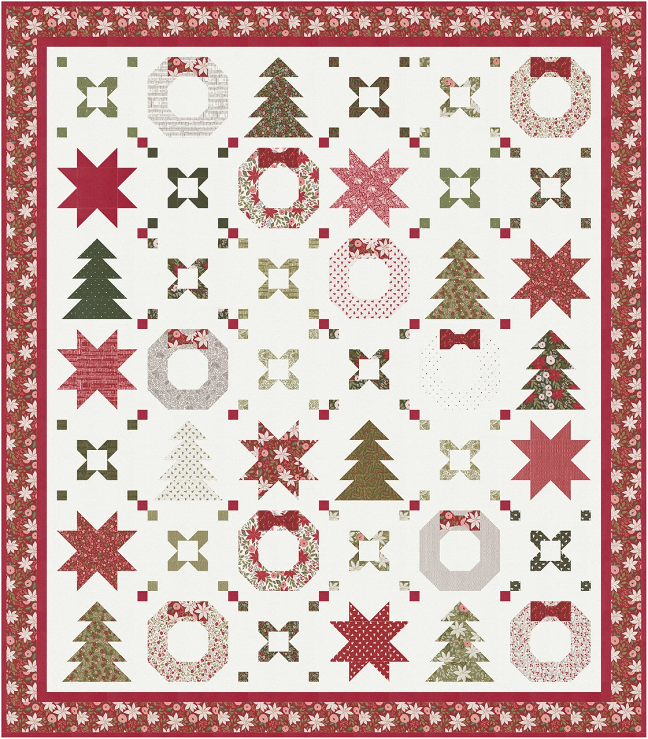 The Holiday Connections Quilt Pattern by Coach House Designs features festive stars, wreaths, trees, and bows in red, green, and cream fabrics arranged in a grid on white, framed with a vibrant red and white floral border.