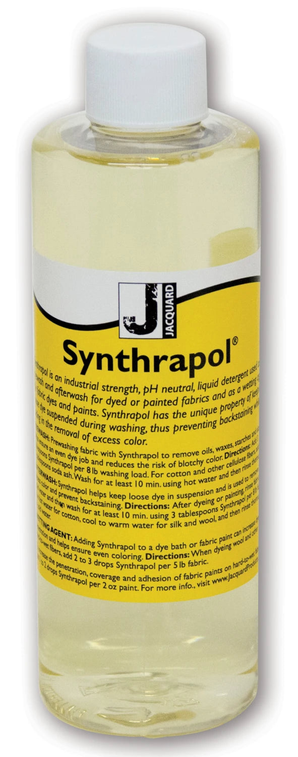 Synthrapol 8oz by Checker Distributor comes in a clear plastic bottle with a white cap and yellow label, described as an industrial strength liquid detergent and prewash for dyed fabrics to help prevent color bleed.