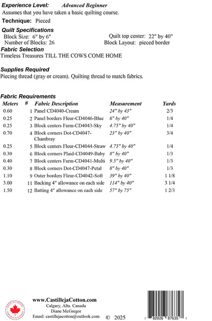 The Friendship Cows Quilt Pattern by Checker Distributor includes a fabric requirements chart listing 12 fabric types with colors, measurements, and notes for piecing and border sizes—ideal for a child’s quilt.