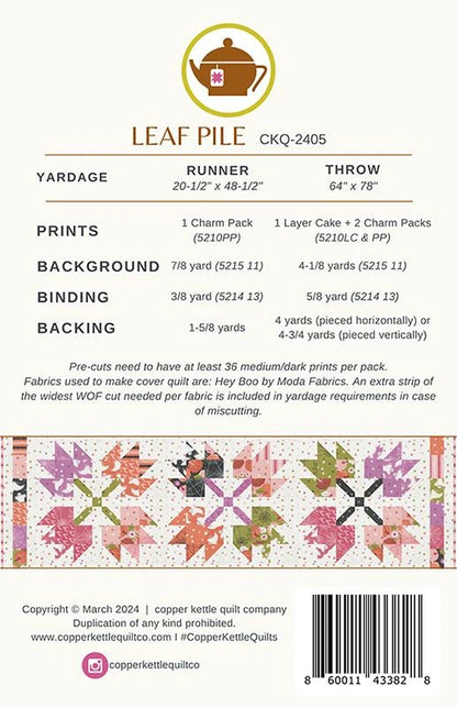 Leaf Pile Quilt Pattern by Copper Kettle Quilt Company features a vibrant autumn leaf design. Includes yardage, cutting guides for runner and throw sizes, plus a preview of the colorful quilt. Perfect for fall quilting projects.