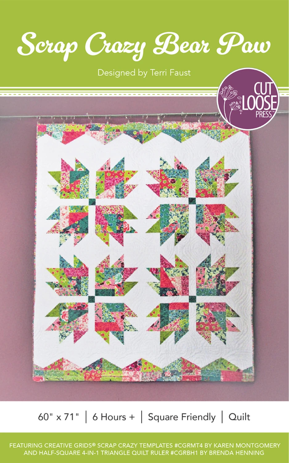 Scrap Crazy Bear Paw quilt pattern front cover with colorful patchwork blocks