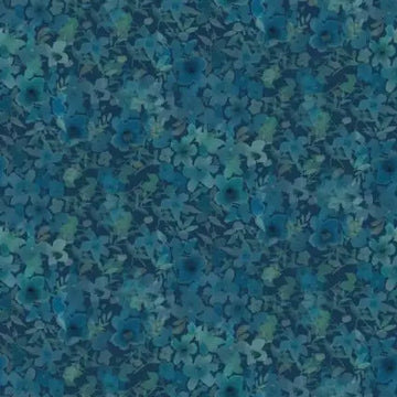 Blue Meadow Digital Flower Fancy Dark Teal Fabric Yardage