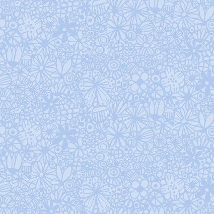 Flowers Packed Blue Fabric Yardage features a light blue background with seamless abstract floral shapes and dark blue lines, creating a soft, intricate design—ideal for blue fabric yardage projects or Benartex-inspired creations.