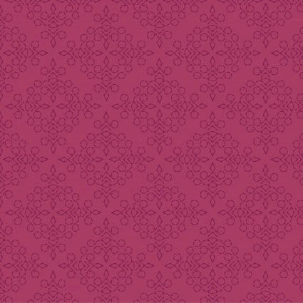 Filagree Cherry Fabric Yardage features a maroon background with a subtle, repeating floral and geometric pattern in a deeper shade, offering an elegant and textured appearance.