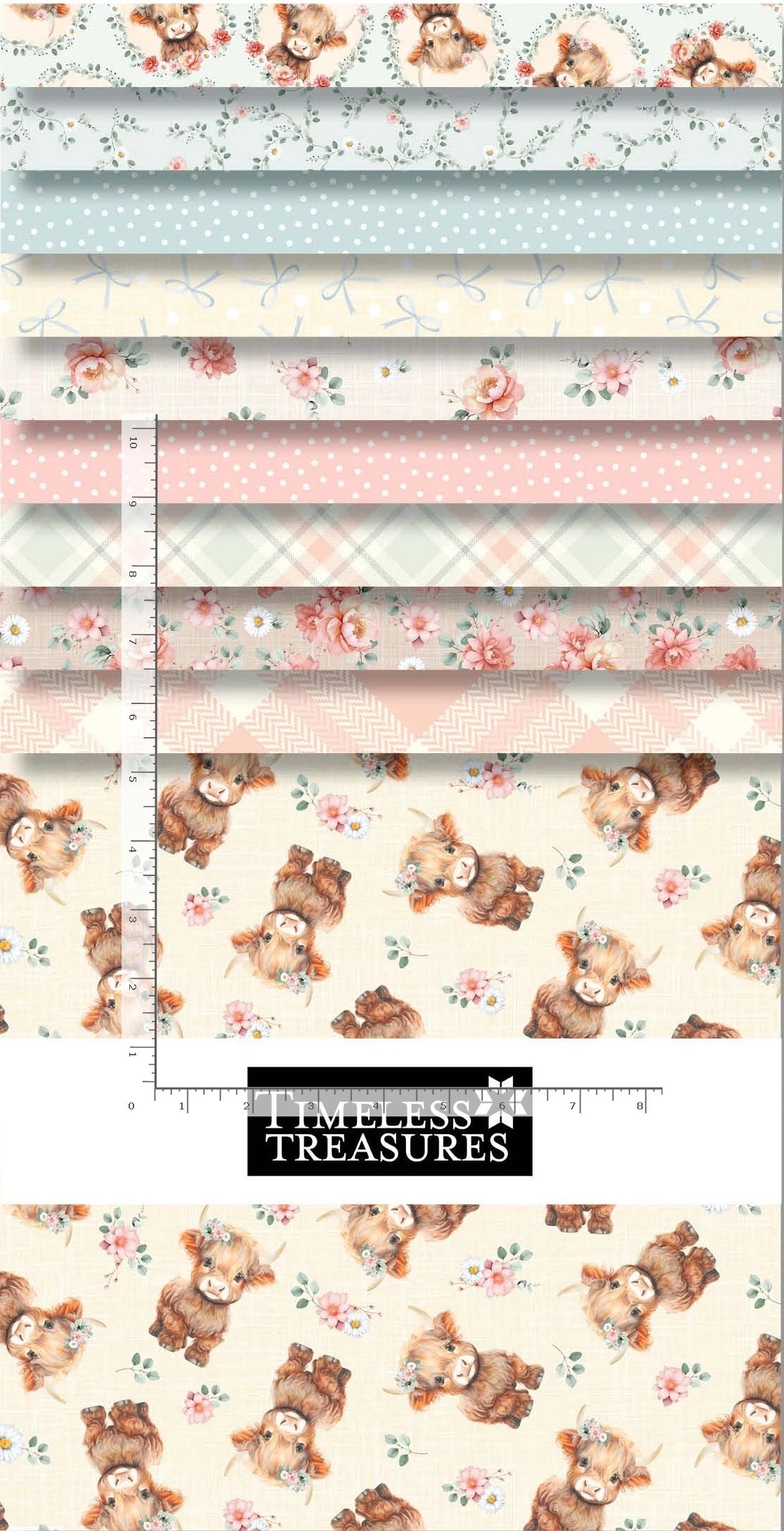 A display of ‘Til the Cows Come Home 10" Squares by Timeless Treasures shows pastel blue and pink polka dots, florals, geometrics, and teddy bears on cream—ideal for farmhouse quilting. The ruler and Timeless Treasures logo appear at the bottom.