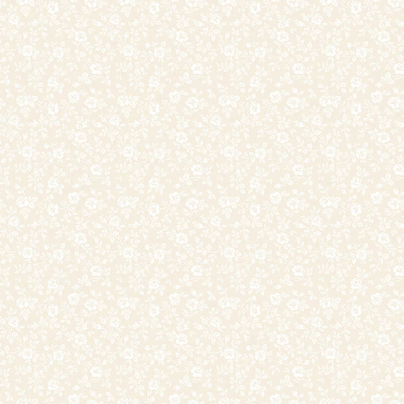Elegant Essentials Small Floral Cream Pearl Fabric Yardage by Riley Blake features a beige background with delicate white floral patterns—ideal as a vintage quilting or blender fabric for your next project.