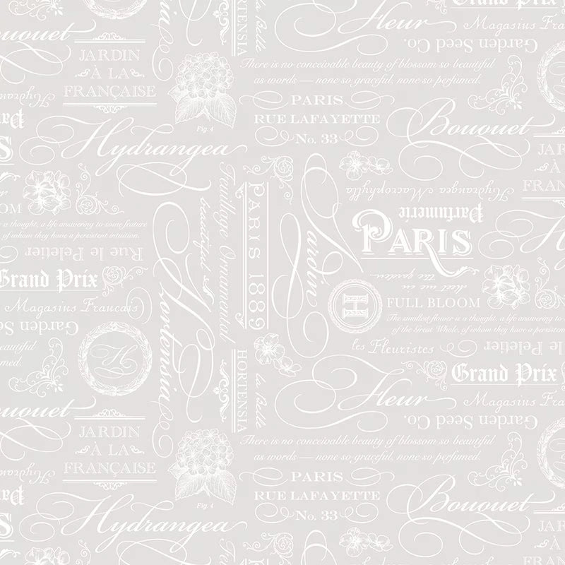 Elegant Essentials Text White Pearl Fabric Yardage by Riley Blake features elegant white French script, floral motifs, and words like Paris and Fleur on a light gray background—perfect for vintage-inspired quilting cotton or pearl fabric projects.