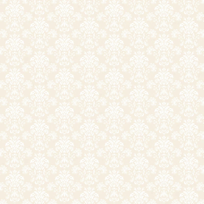 Riley Blake's Elegant Essentials Damask Cream Pearl fabric features a cream-colored damask with a repeating white floral pattern, adding vintage charm to quilting and home décor projects.