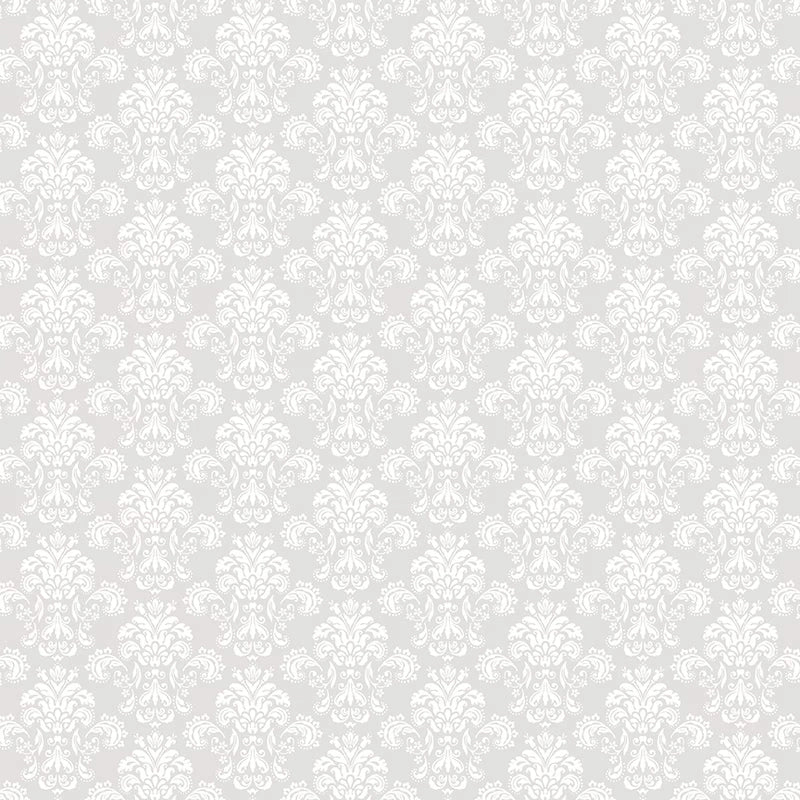 Riley Blake’s Elegant Essentials Damask White Pearl Fabric features a seamless light gray base with an intricate white damask floral pattern, inspired by quilting fabric for a timeless, classic look.