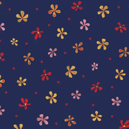 Country Poetry Dark Blue Flower and Dot Toss Fabric Yardage by P & B Textiles features a dark blue background with small yellow, red, and pink five-petal flowers and scattered red dots in a charming floral design.