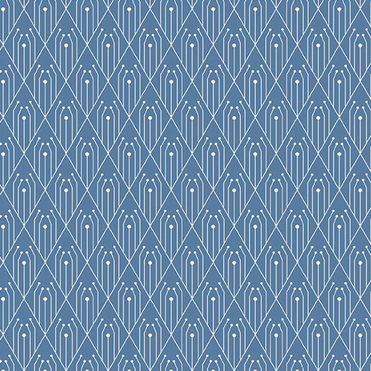 Century Prints - Deco Denim Diamonds Fabric Yardage by Andover features a modern, repeating geometric pattern of white diamond and leaf shapes on blue—perfect for adding symmetry and style to any quilting cotton project.