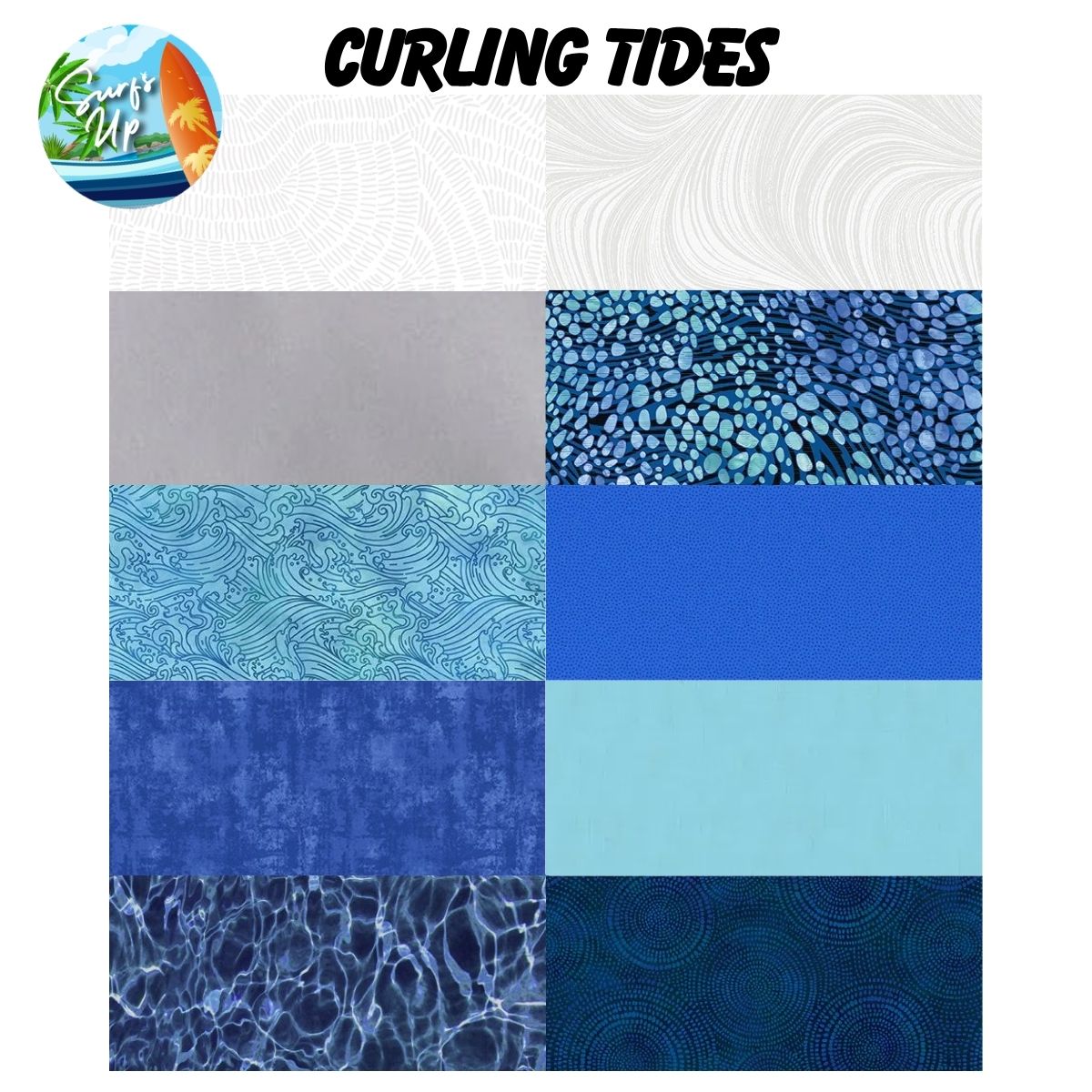 A grid of nine blue and aqua ocean-themed fabrics from the Quilted Joy Mystery Five-0 Mega Mystery Surfs Up Curling Tides Fabric Bundle—ideal for wave quilt projects, with bold “Curling Tides” text and a Surf’s Up logo.