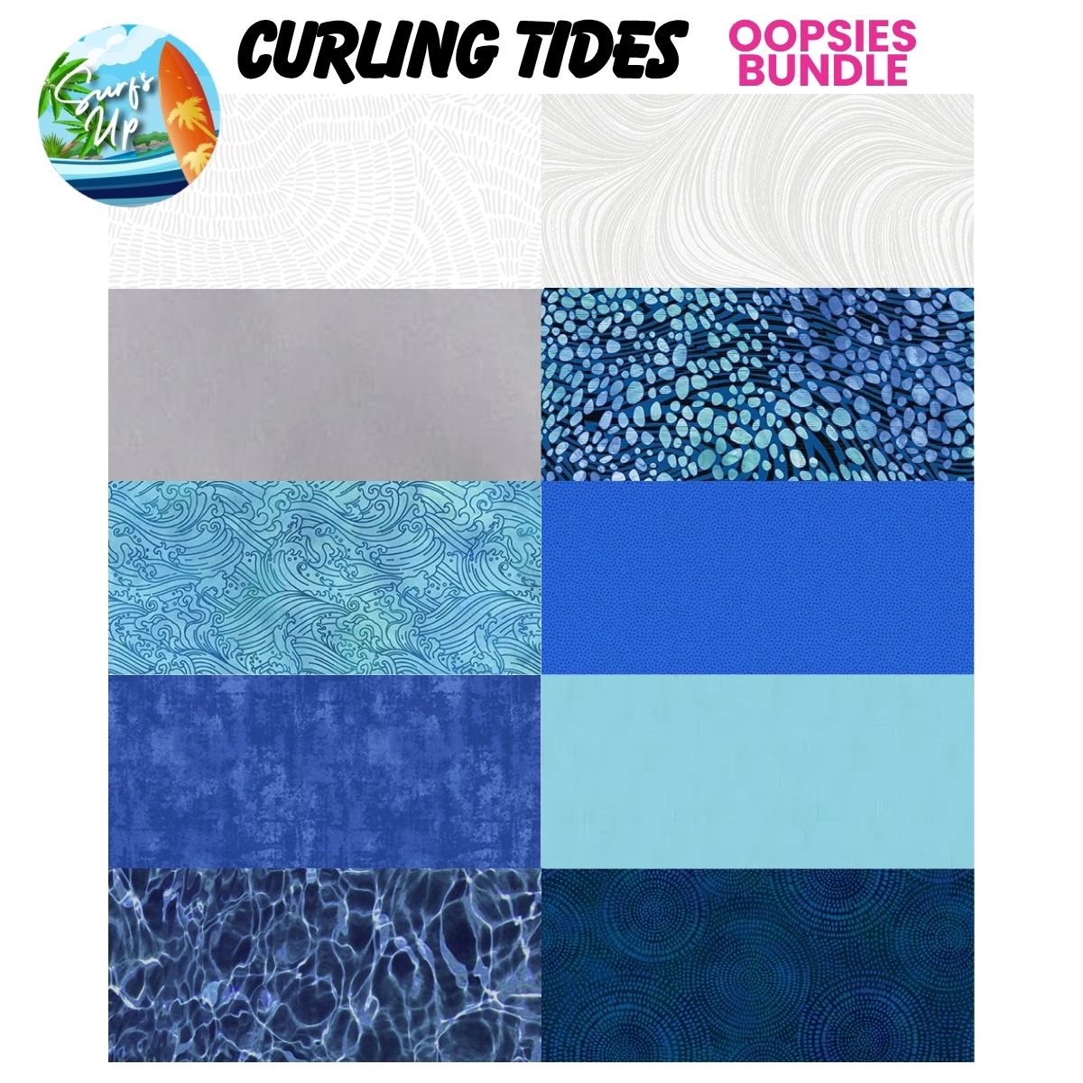 A grid of nine blue oceanic and abstract Quilted Joy fat quarters. "Mystery Five-0 Mega Mystery Curling Tides Oopsies! FQ Fabric Bundle" is written at the top—a perfect extra for your quilting projects. Surfs Up logo in the top left corner.