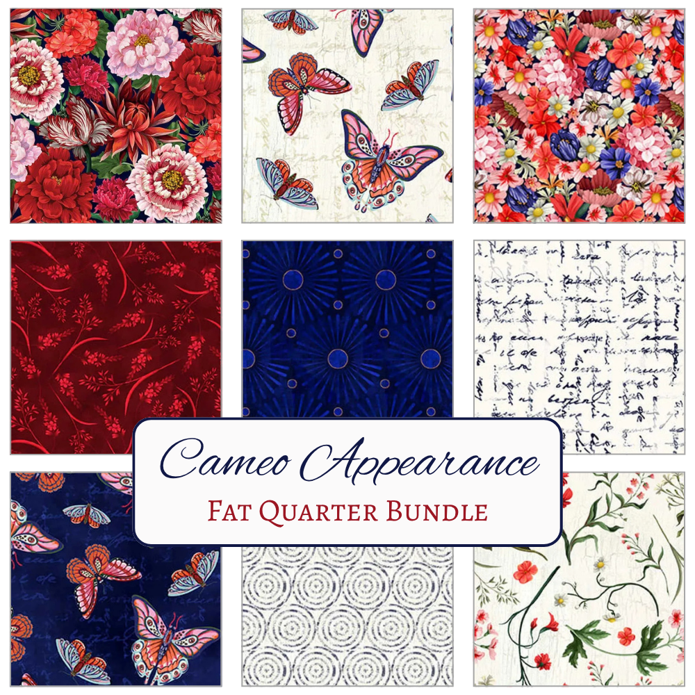 A collage of nine Quilted Joy fabric squares with floral, butterfly, script, and geometric patterns in red, blue, and cream. Centered text: “Cameo Appearance Fat Quarter Bundle.”.