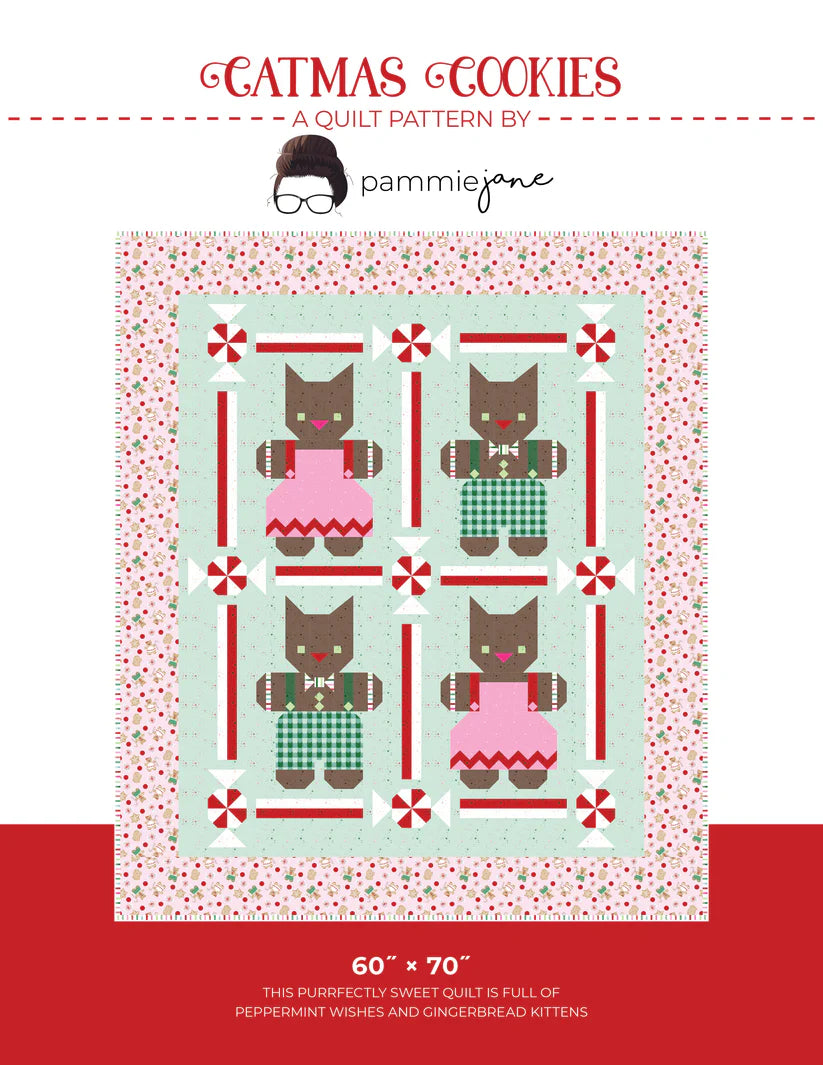 Catmas Cookies Quilt Pattern front cover - gingerbread kitten holiday quilt, 60 x 70 throw size