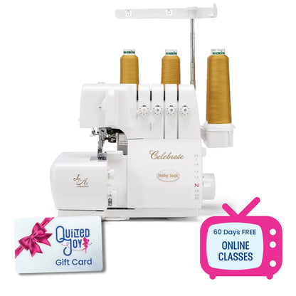 A Baby Lock Celebrate Serger Machine with Jet-Air Threading and four gold thread spools is shown. In front, a Quilted Joy gift card with a pink bow and TV icon offers 60 days of free online quilting classes.