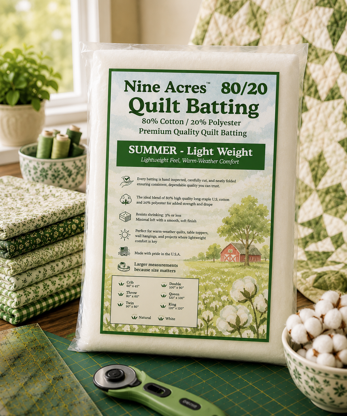 Nine Acres Natural 80/20 Batting Light Weight