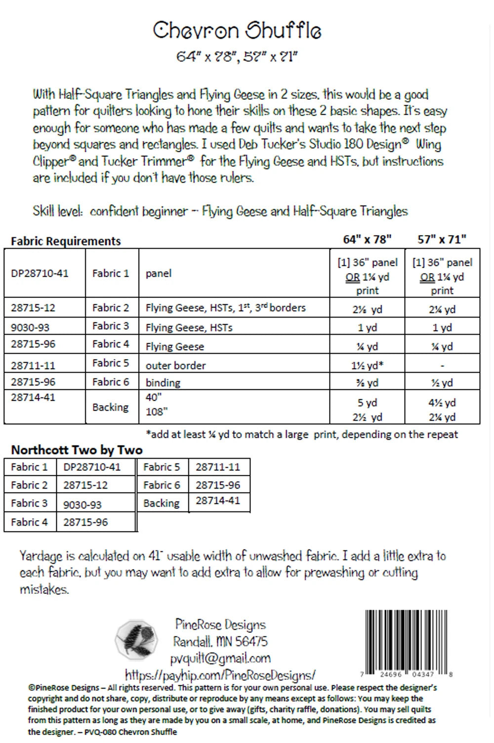 Chevron Shuffle Quilt Pattern by PineRose Designs includes fabric requirements, cutting instructions, and material charts for multiple sizes. Ideal beginner project. Designer info and website links provided at the bottom.