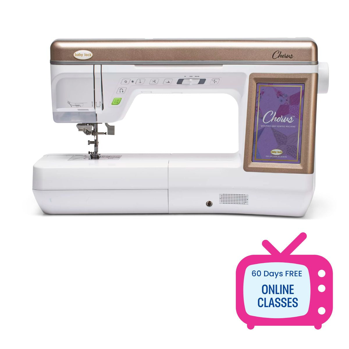A Baby Lock Chorus Sewing Machine-FLOOR MODEL by Baby Lock is shown with a touchscreen display, a Quilted Joy gift card, and an icon for 60 days of free online classes.