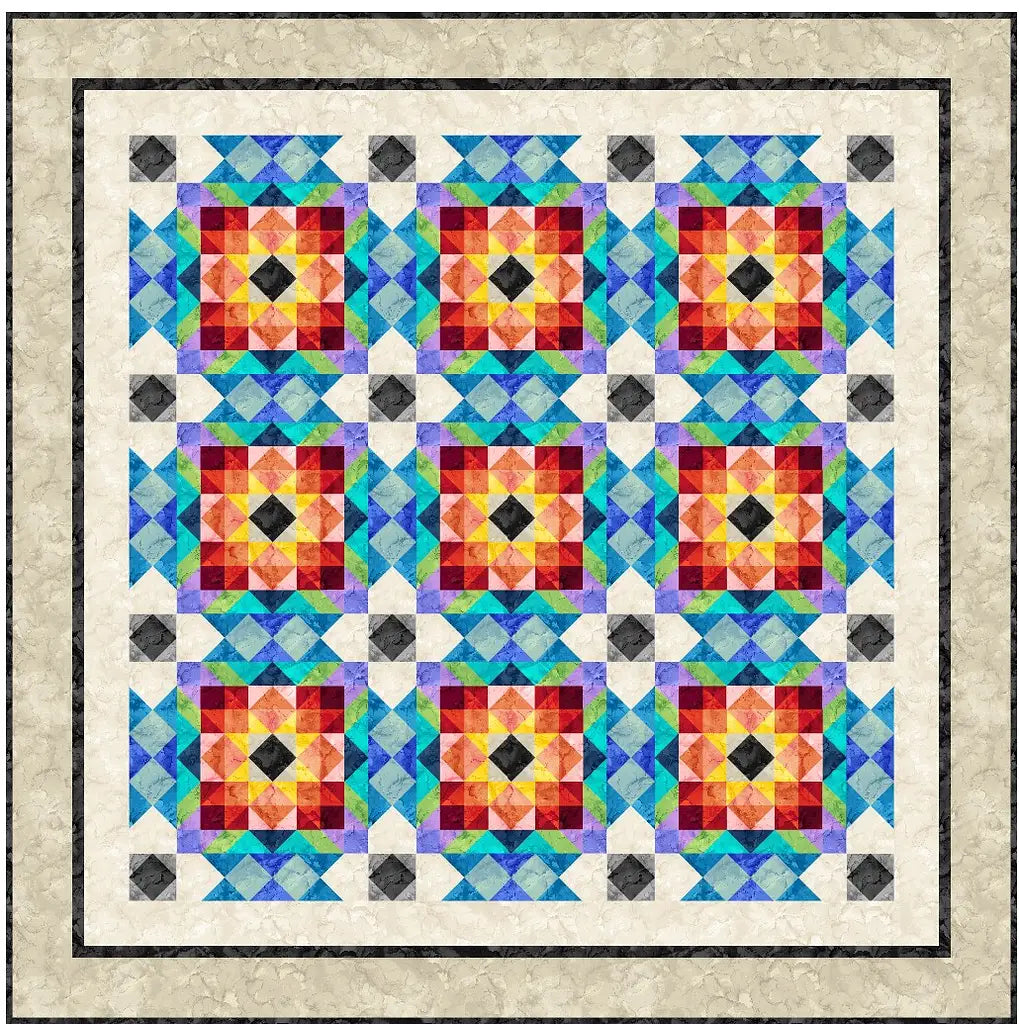 The Chromatic Carpenter Quilt Pattern by Tourmaline & Thyme Quilts features a vibrant geometric design with nine large squares, each showcasing a central orange and yellow diamond framed by blue, teal, and purple triangles on a cream border.