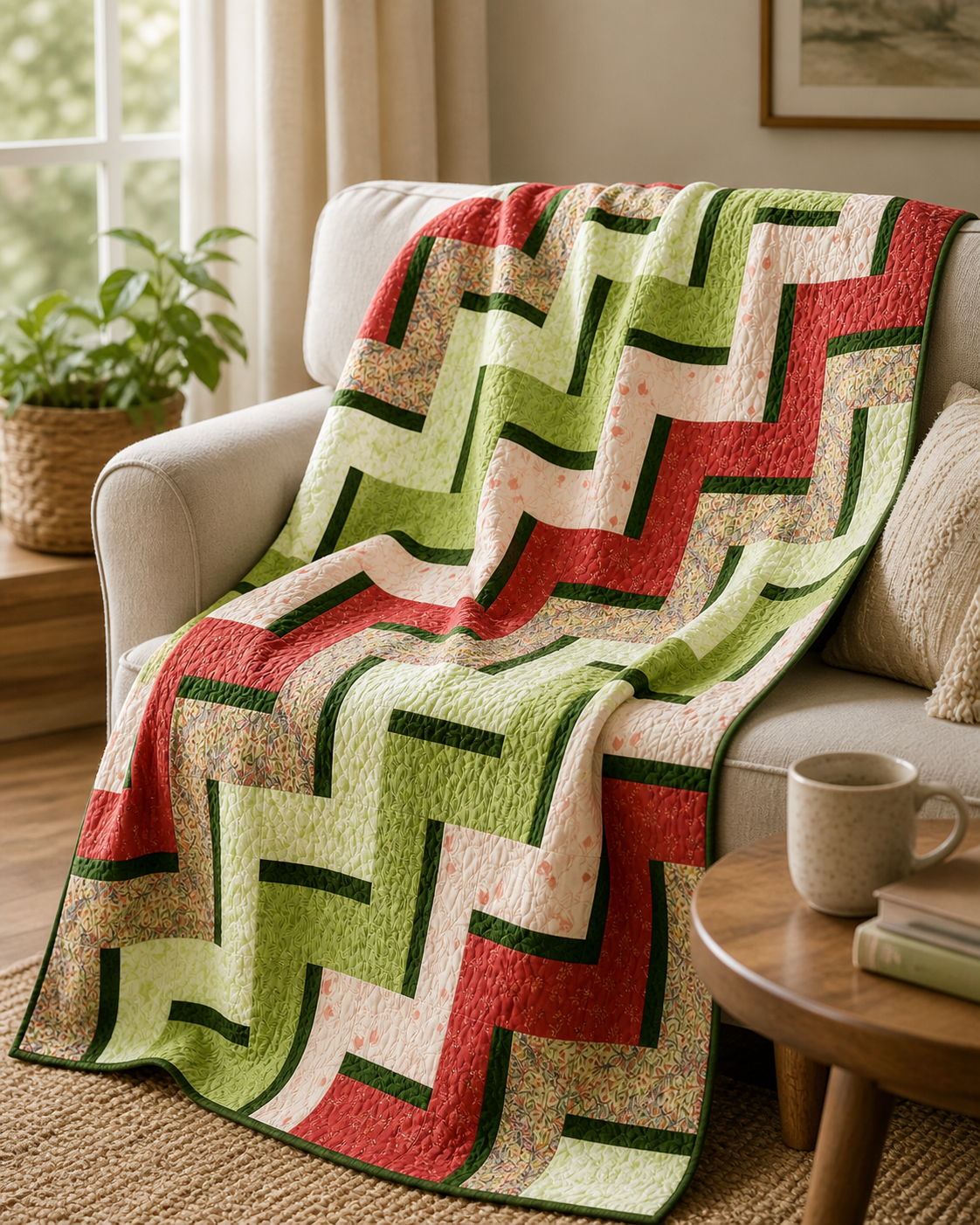 The Clover Path Quilt Kit by Quilted Joy, featuring a zigzag pattern in red, green, and cream, brightens a beige sofa in a cozy living room accented with a plant, window, and mug on a wooden table.