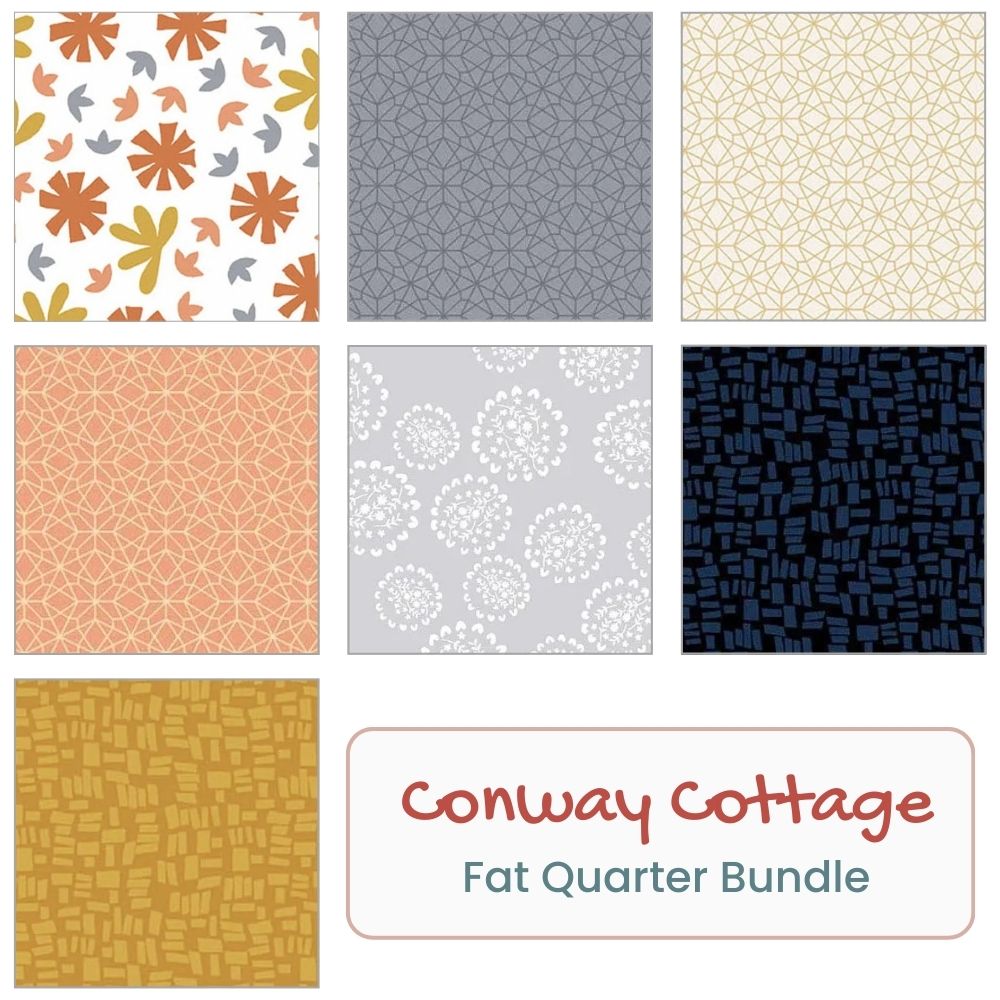 A display of seven unique fabric squares in orange, yellow, gray, blue, and cream highlights the Andover Conway Cottage Fat Quarter Bundle—ideal for quilting and crafts. The label reads “Conway Cottage Fat Quarter Bundle.”.