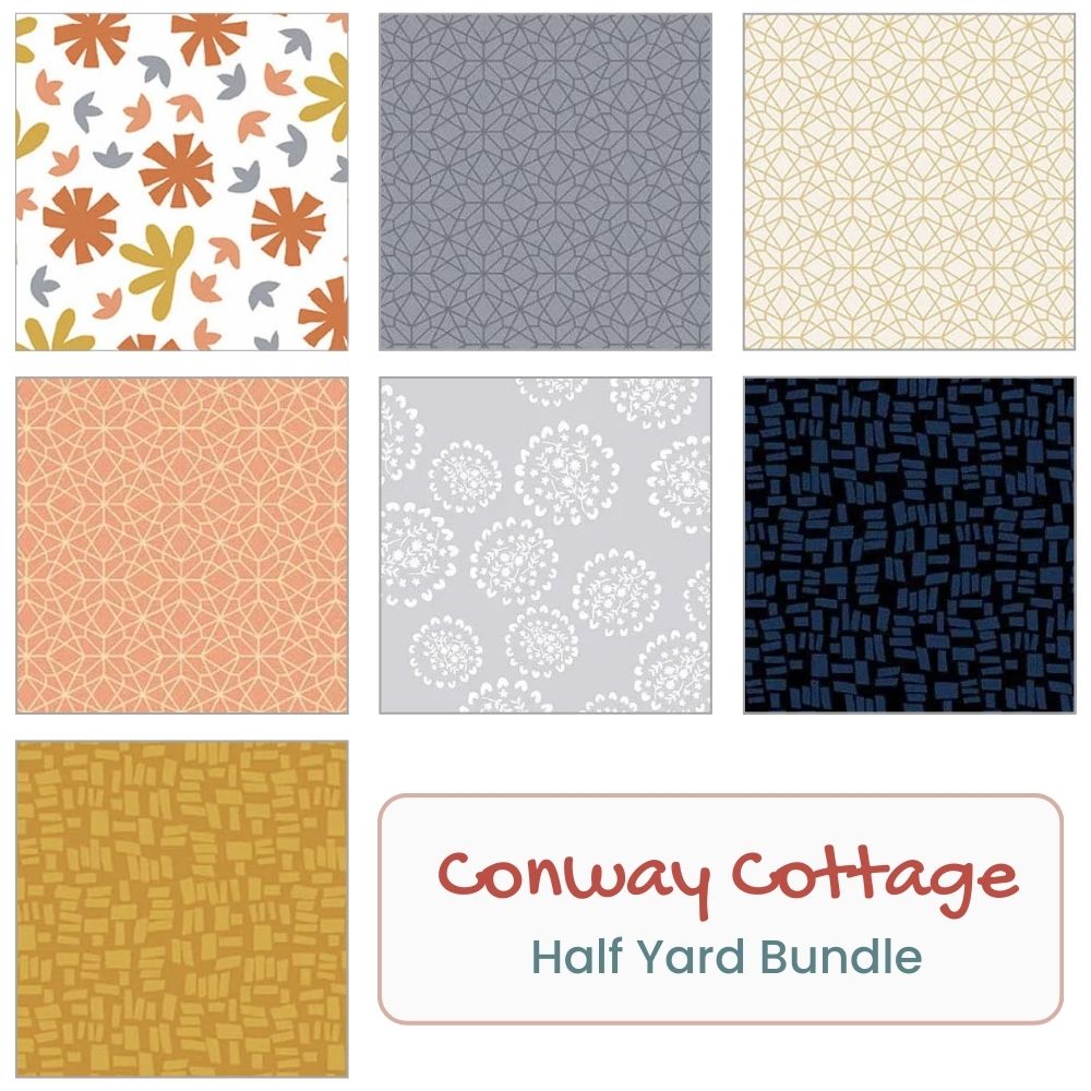 The Andover Conway Cottage Half Yard Bundle features seven patterned fabric squares in colorful geometric and floral designs—a delightful choice for any fabric lover. "Conway Cottage Half Yard Bundle" is labeled at the bottom right.
