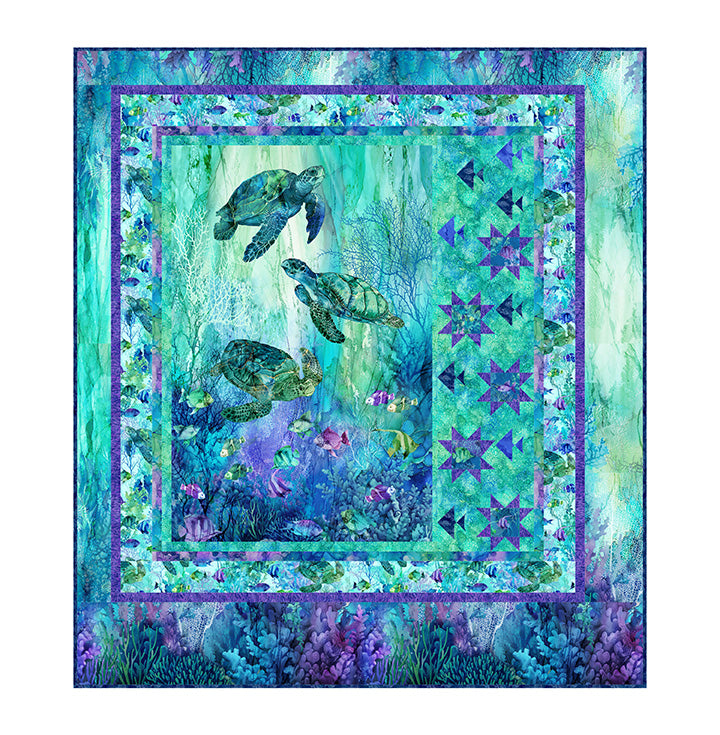 The Coral Reef Quilt Kit by Quilted Joy features three sea turtles swimming among coral and fish, detailed geometric patterns, and vibrant blue, green, and purple borders—perfect for nature-inspired quilting enthusiasts.