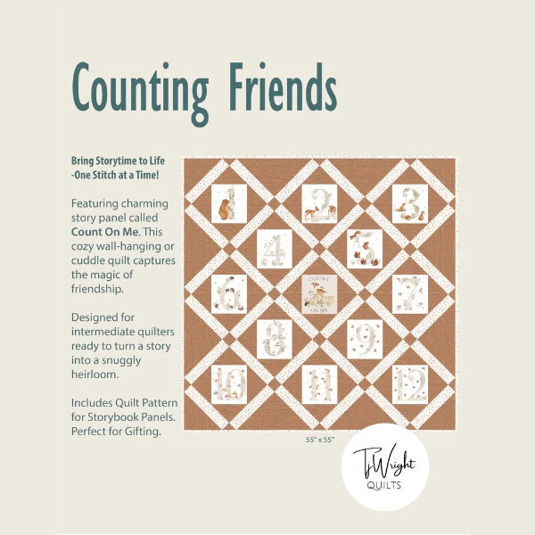 The Counting Friends Quilt Kit by Quilted Joy features a brown woodland nursery quilt with animal-themed panels and white borders on a beige background, perfect for intermediate quilters and gifting.