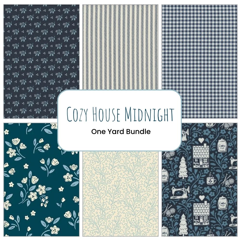 A collage shows six blue and cream Andover fabric patterns—florals, stripes, gingham, and houses. Center text: Cozy House Midnight One Yard Bundle, with six one-yard cuts.
