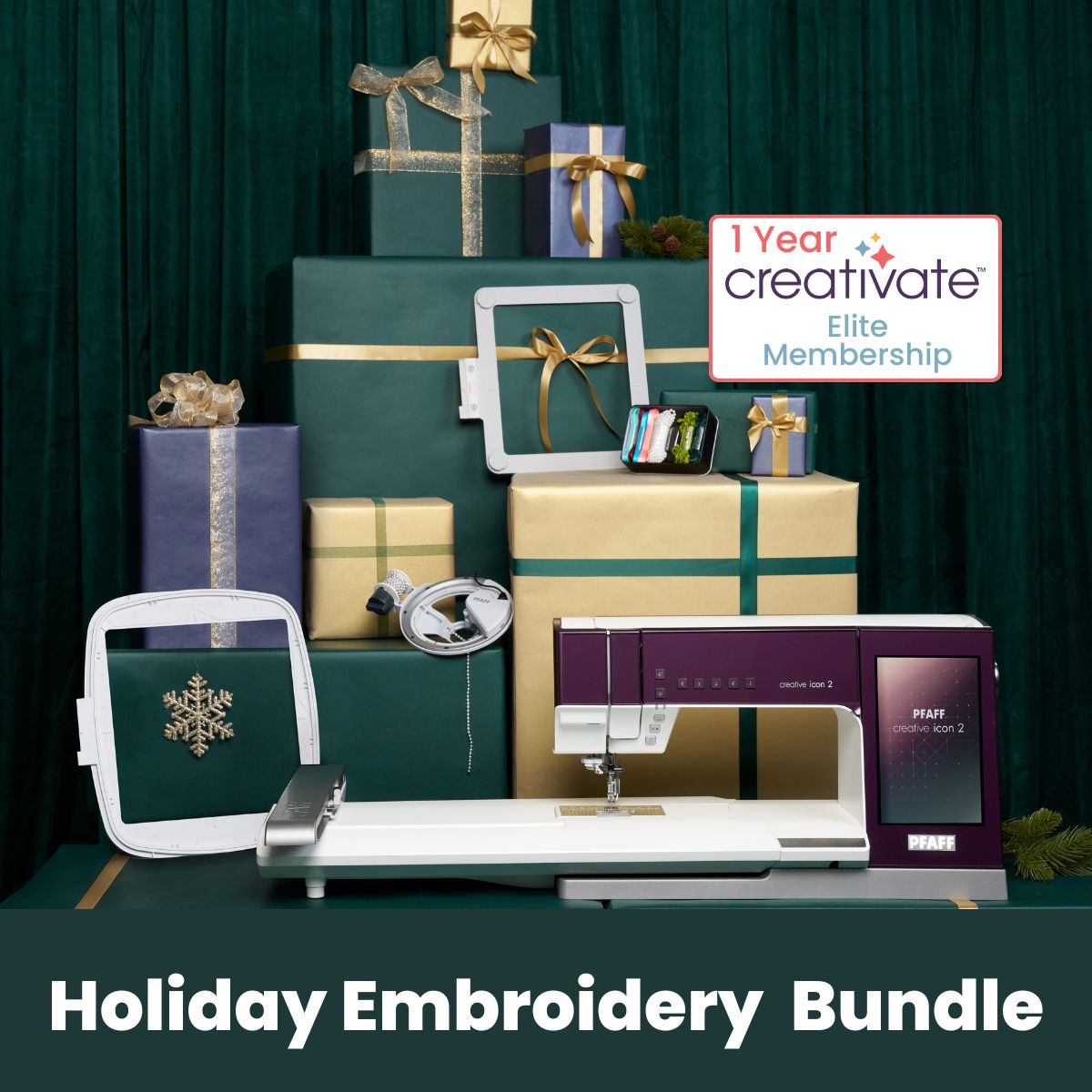 A festive display shows wrapped gifts, hoops, accessories, and the SVP Pfaff Creative Icon 2 Sewing and Embroidery Machine. A sign reads "1 Year creativate Elite Membership." Text below: Holiday Embroidery Bundle with Pfaff Creative Icon 2.