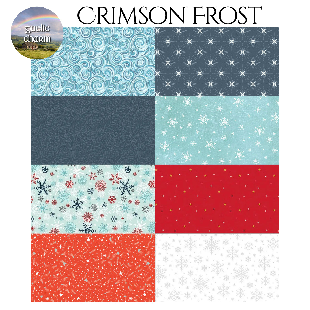 Crimson Frost fabric swatches showing red and white colorways for Mystery Five-0 quilt kit