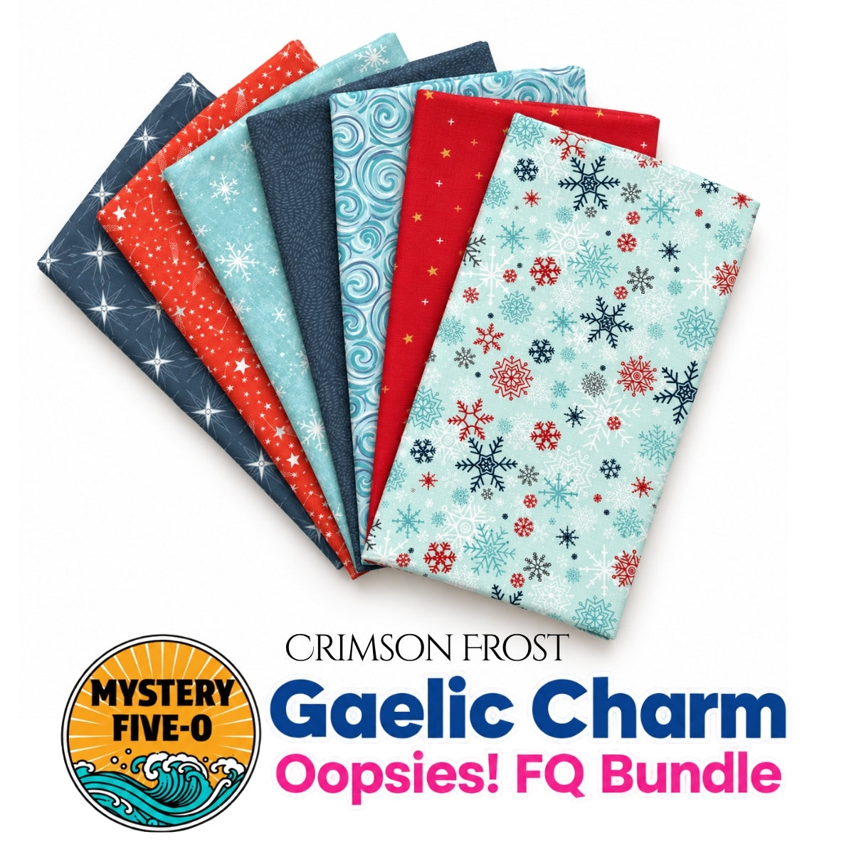 Mystery Five-0 Crimson Frost Oopsies fat quarter bundle with red and white holiday fabrics
