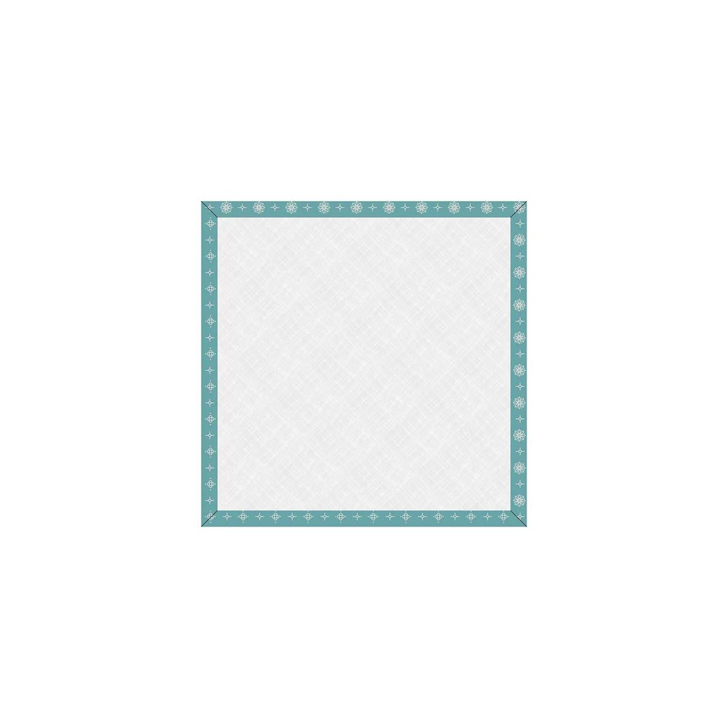 The Lori Holt Raindrop 10" Square Americana Design Board by Checker Distributor features a white crisscross center and teal blue floral border—ideal for organizing quilt blocks or fabric auditioning.