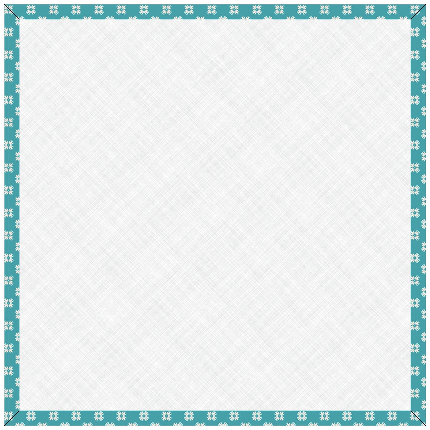 The Lori Holt Raindrop 14" Square Farmer's Daughter Design Board by Checker Distributor features a white square with a teal snowflake border and subtle crosshatch pattern, perfect for organizing quilt blocks or auditioning fabrics.