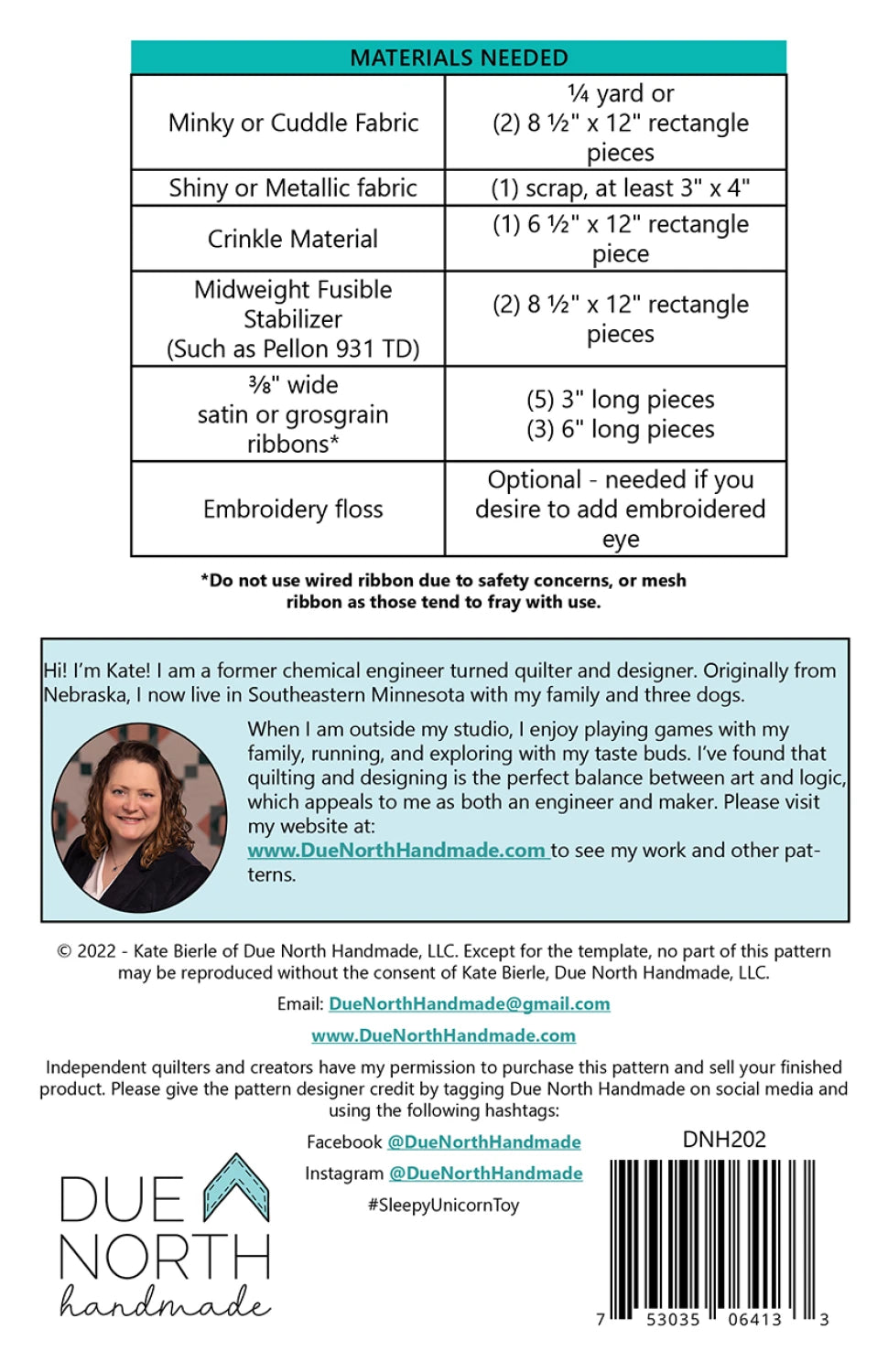 The back of the Sleepy Unicorn Crinkle Toy Pattern by Checker Distributor lists materials needed, includes a photo, designer bio for Kate, social media/contact info for Due North Handmade, plus barcode and copyright at the bottom.