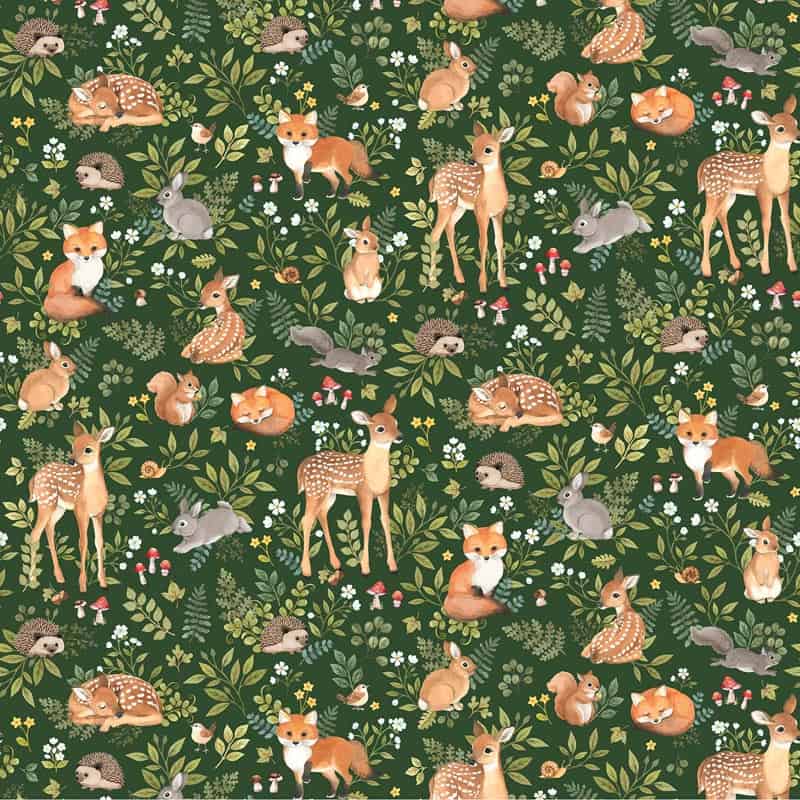 Woodland Babes Forest Animals on Green Fabric Yardage