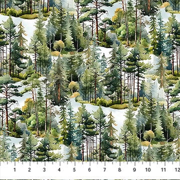 The Lakeside Retreat Green Trees Fabric Yardage by Northcott features a detailed watercolor-style pattern of dense green and brown evergreen trees on a light background, with an inch ruler along the bottom edge from 1 to 12.